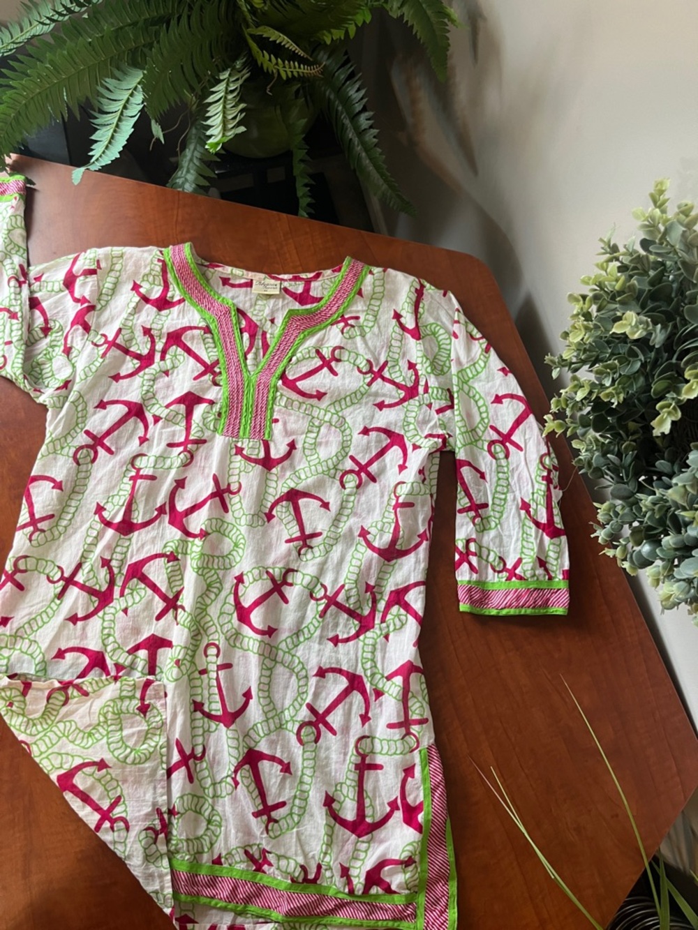 Advance Apparels White with Pink Anchors & Green Rope Print Cover Up Tunic  💚